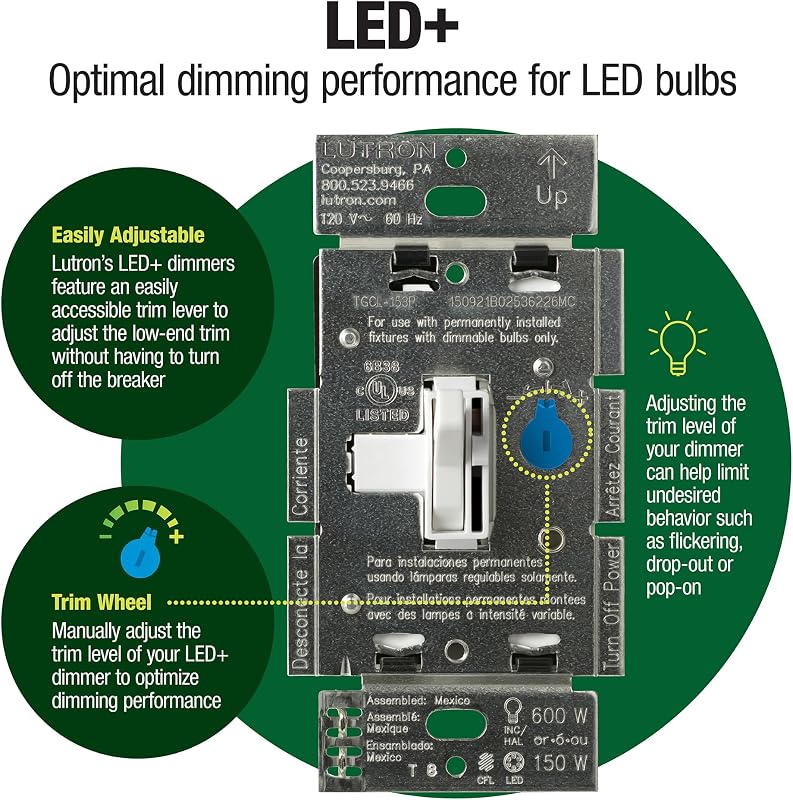 Interruptor regulador LED Lutron TGCL-153PH-WH-6 blanco
