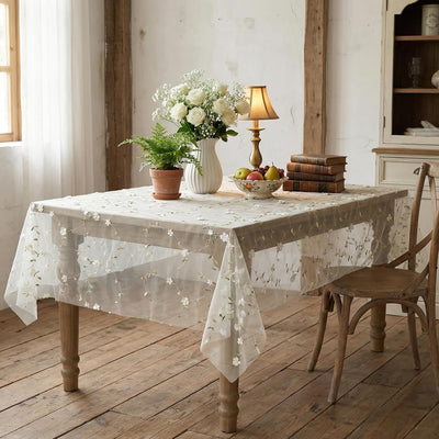 Mantel floral de gasa blanca 60 x 60 pulgadas cuadrado flores beige
