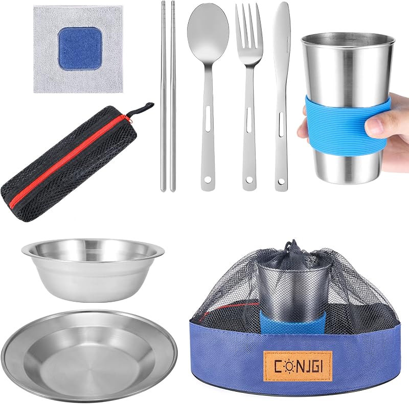 Kit vajilla camping 1-2 personas con bolsa malla