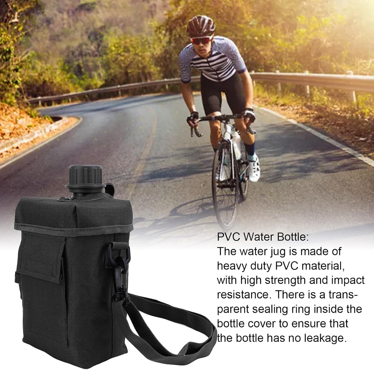 Cantina agua 2L portátil con bolsa cintura camping negro