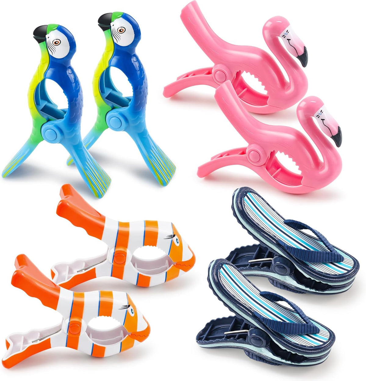 8 Clips Toalla Playa Forma Loro Rosa y Flamenco