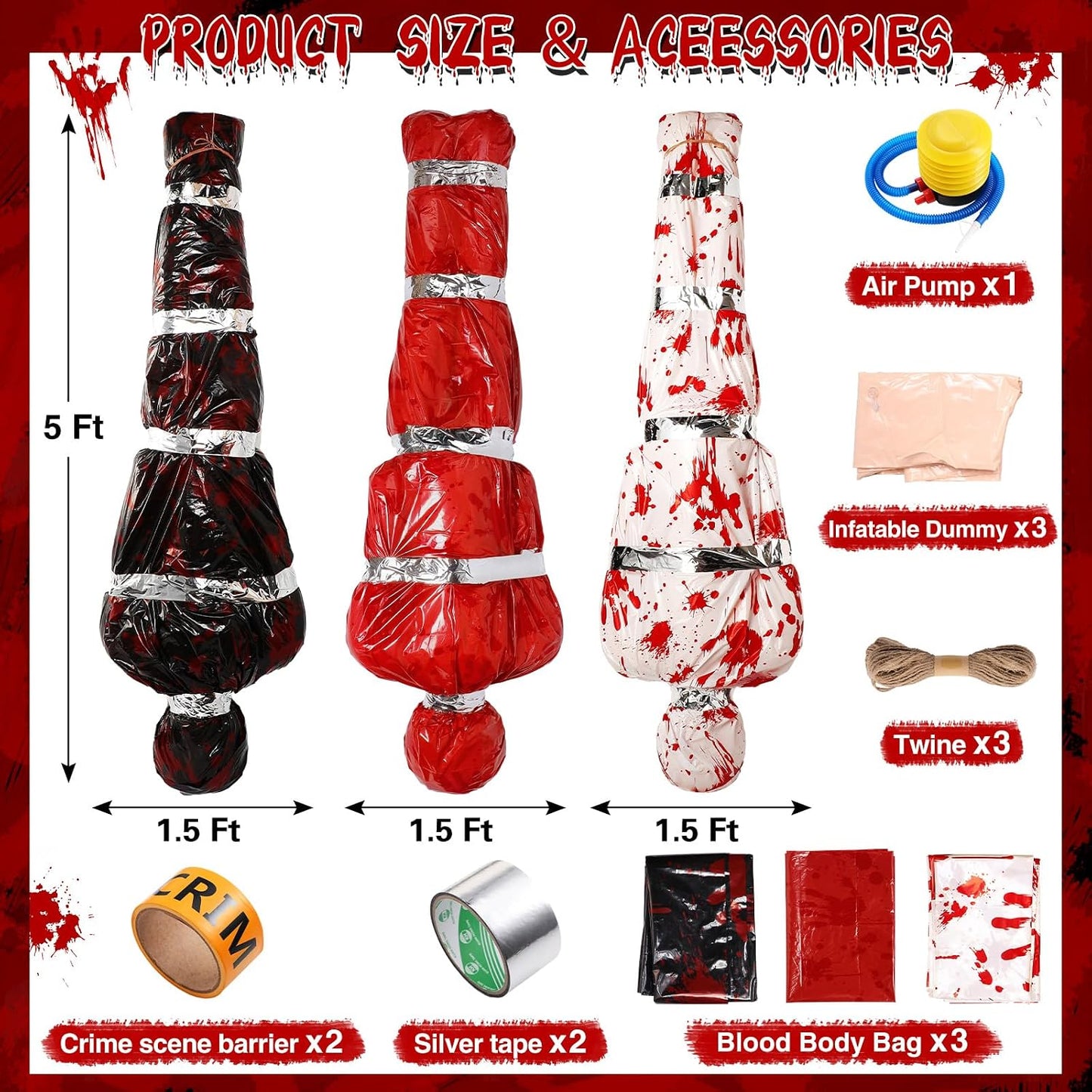 Set 3 decoraciones Halloween al aire libre 5ft espeluznante