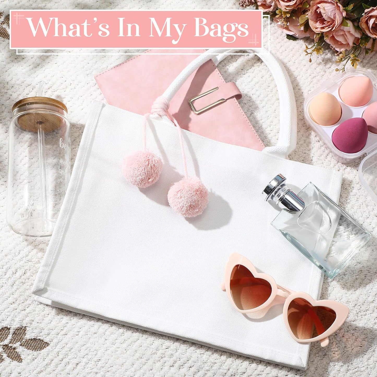 6 Pzas Bolsas Lona Personalizadas con Pompones Blanco