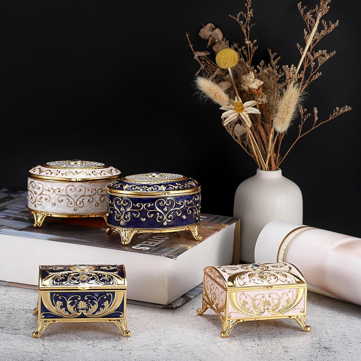 Caja joyas vintage soporte aretes anillos dorados