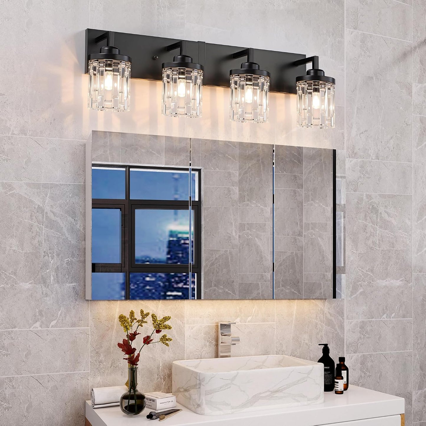 Lámpara tocador 4 luces cristal moderno negra rústica