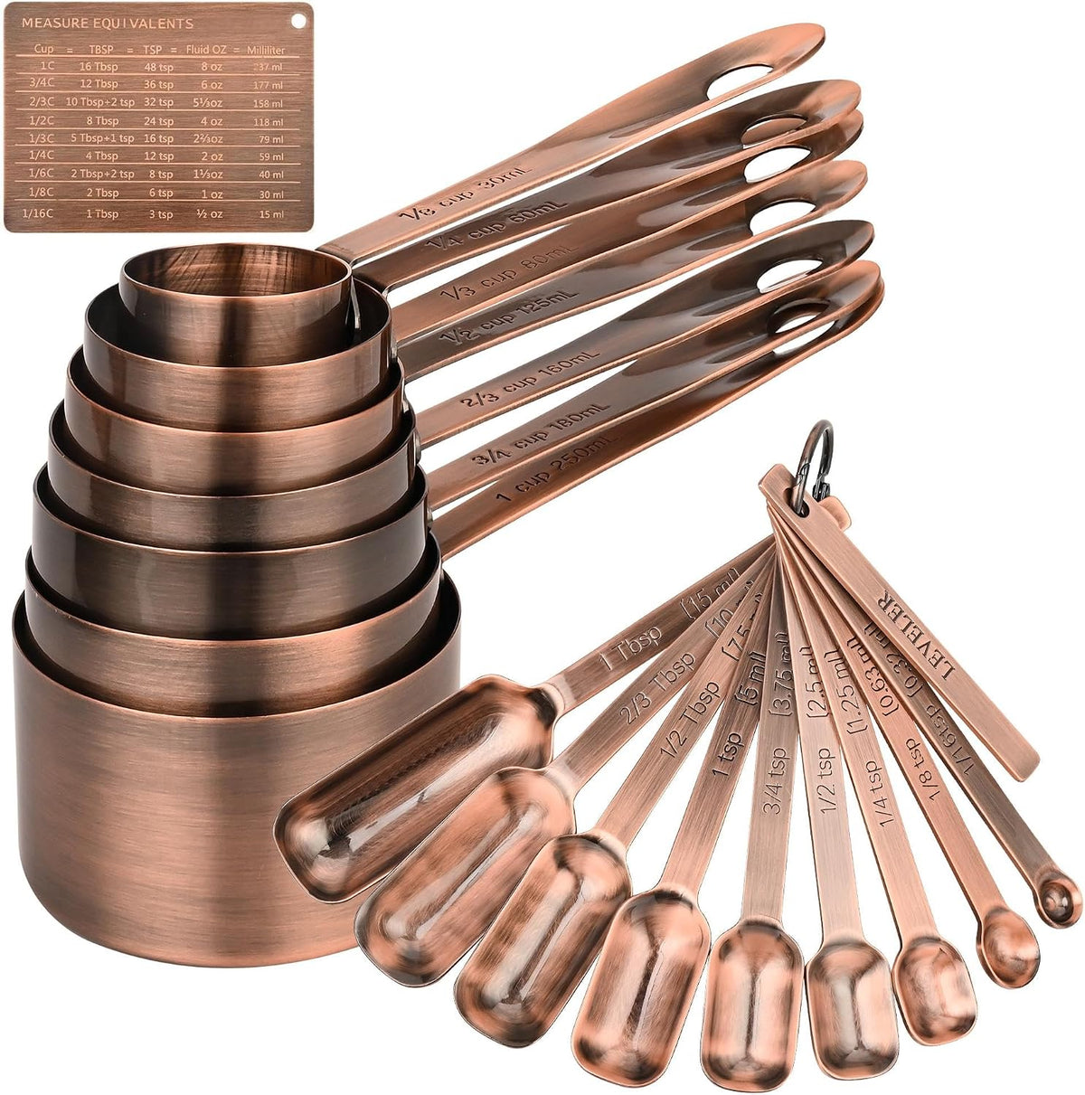 Set 18 Tazas y Cucharas Medidoras de Cobre y Acero Inox