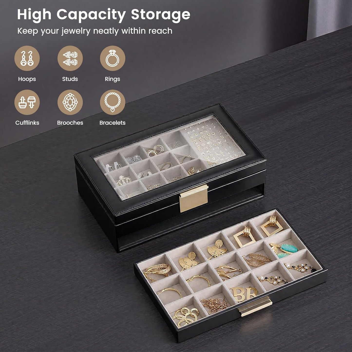 Caja organizadora aretes mujer vidrio 2 niveles negro
