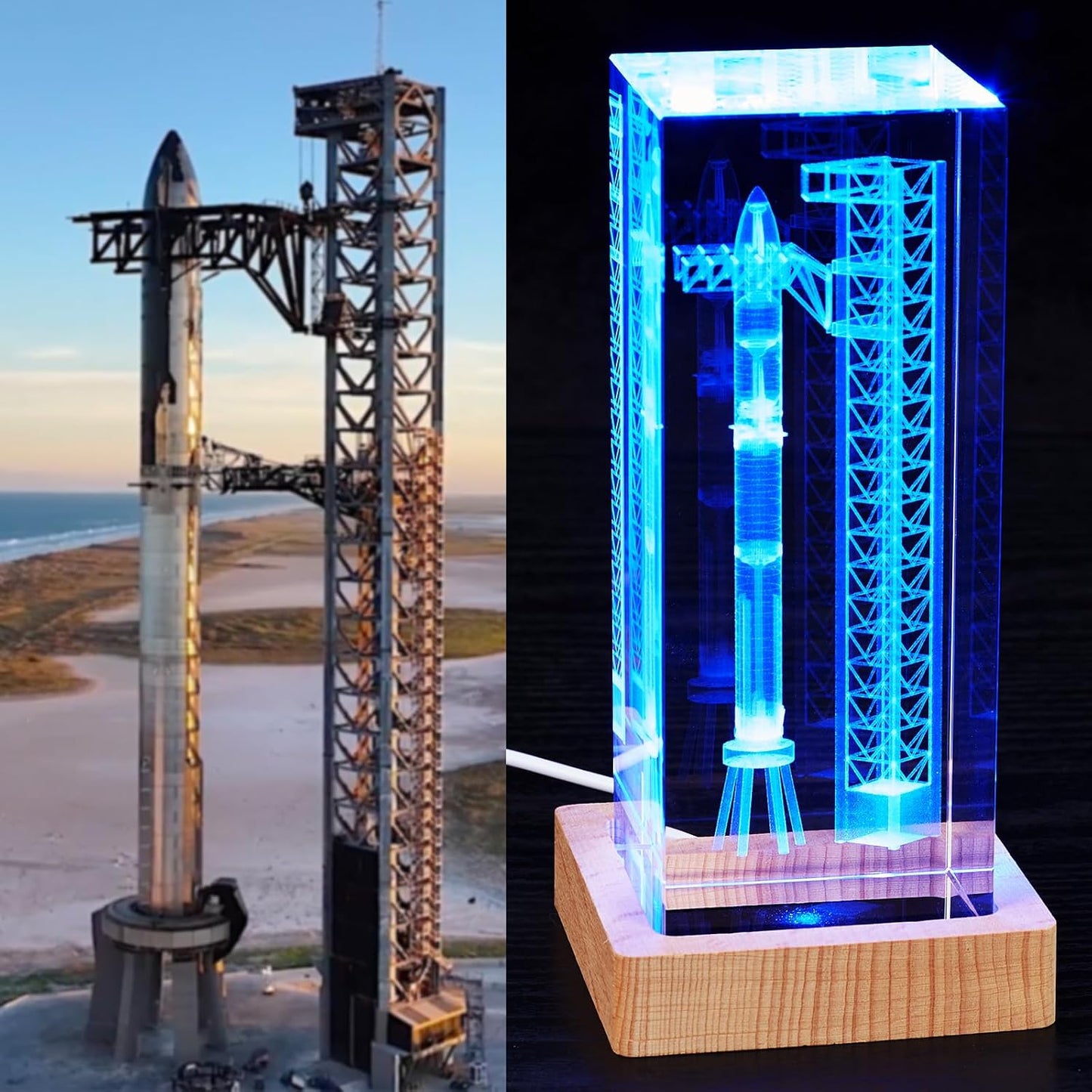 Lámpara cristal cohete 3D luz nocturna regalo espacio