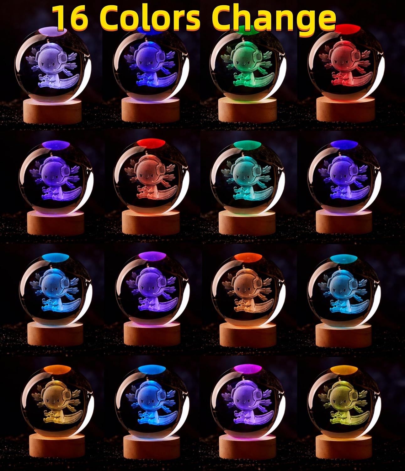 Luz nocturna bola cristal ajolote 3D 16 colores control remoto