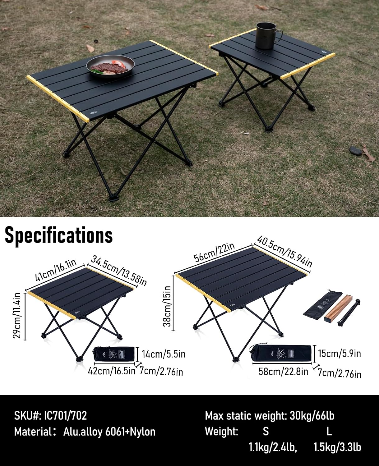 Mesa camping ultraligera plegable con bolsa negro