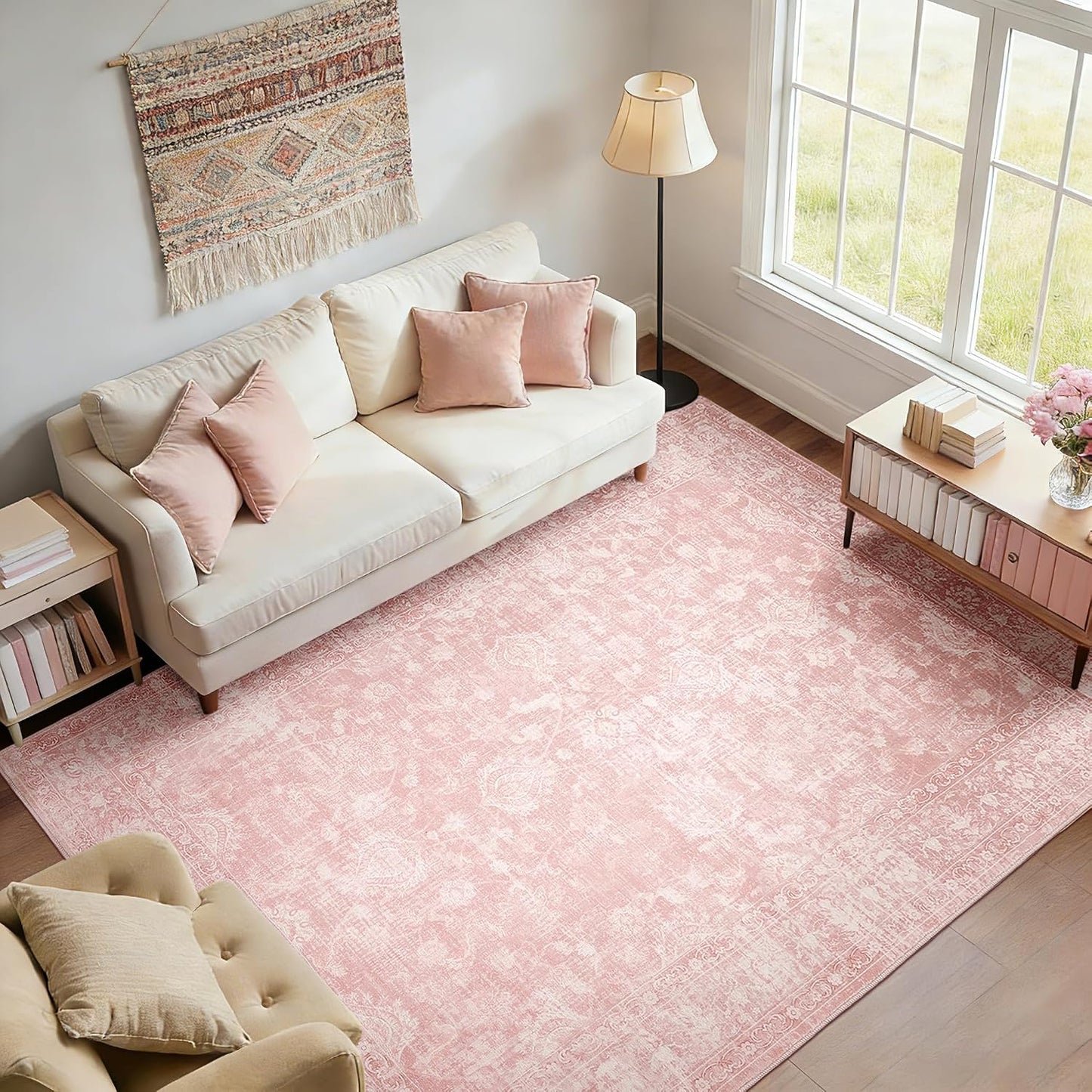 Alfombra Boho Rosa 6x9" Antiderrap para Sala Dormitorio