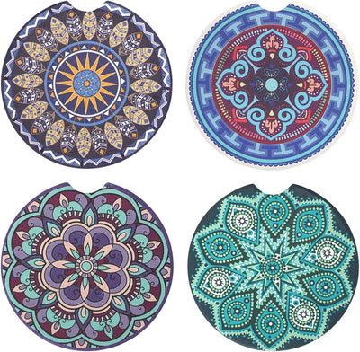 4 Portavasos Cerámica Mandala para Auto con Agarre