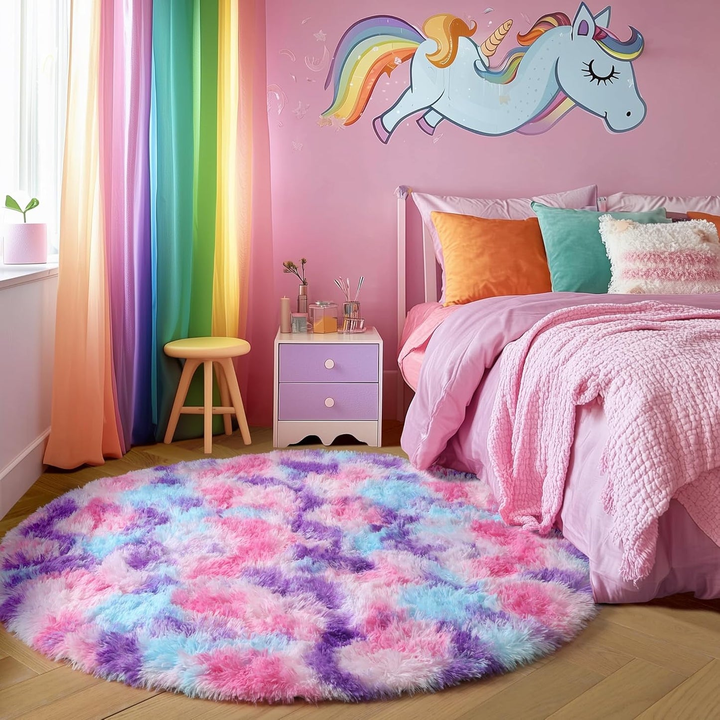 Alfombra redonda arcoíris rosa 4ft para dormitorio niña