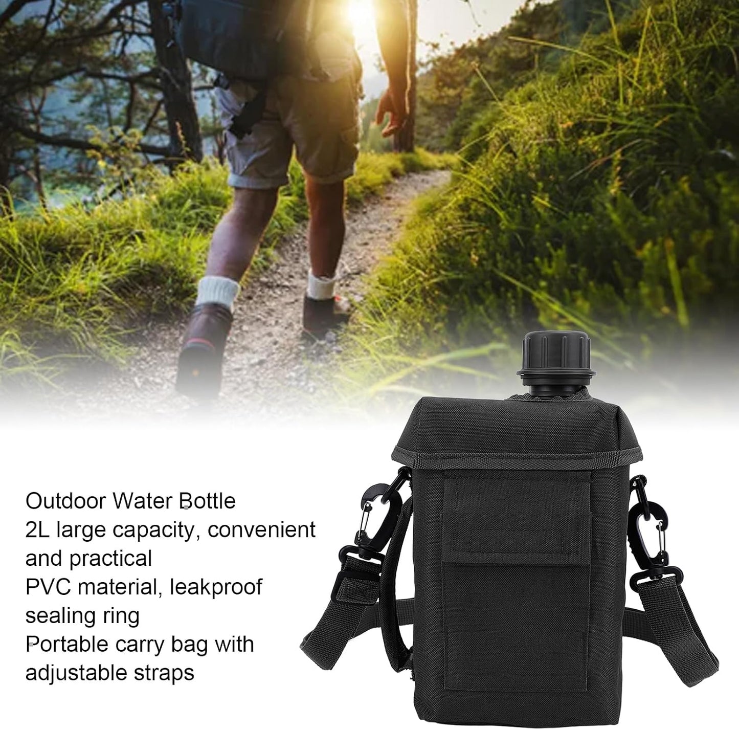 Cantina agua 2L portátil con bolsa cintura camping negro