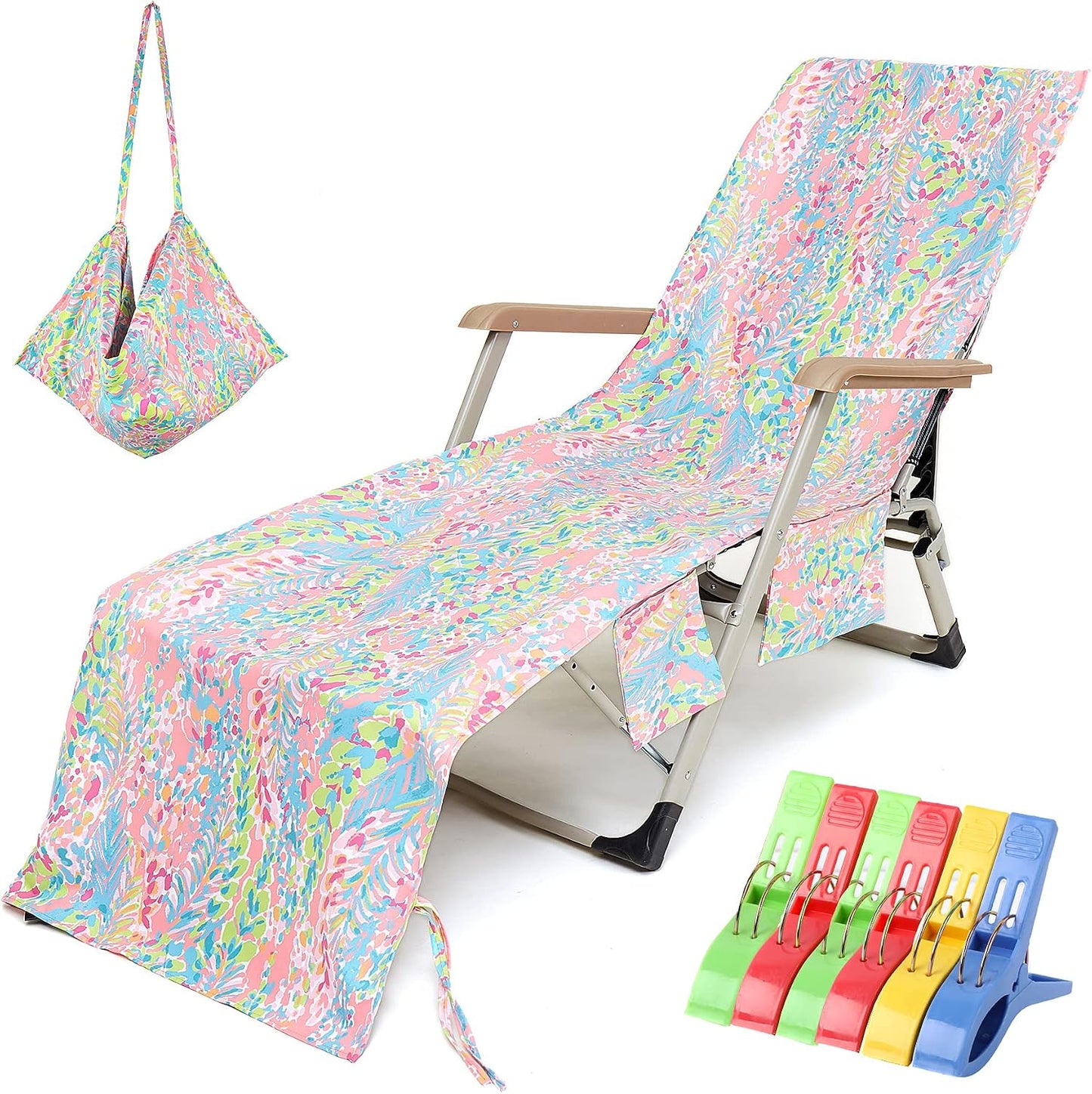 Toalla silla playa con bolsillos y clips rosa
