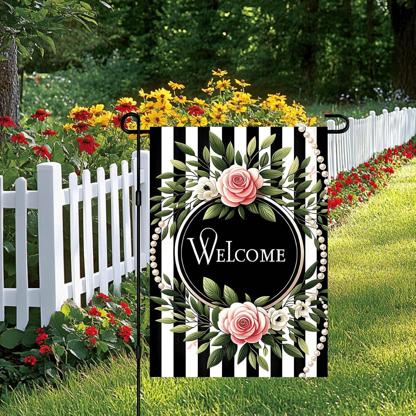 Bandera jardín diseño floral 12x18pulg doble cara con rosas y rayas