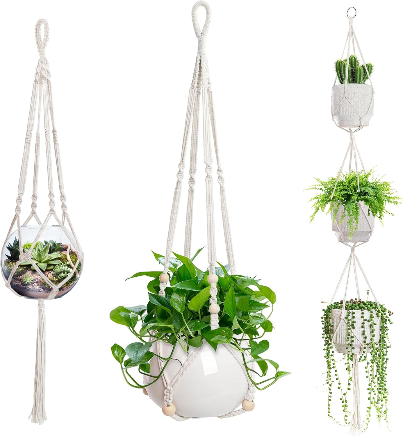 3 Pzas Soporte Macramé Cesta Madera para Macetas Blanco