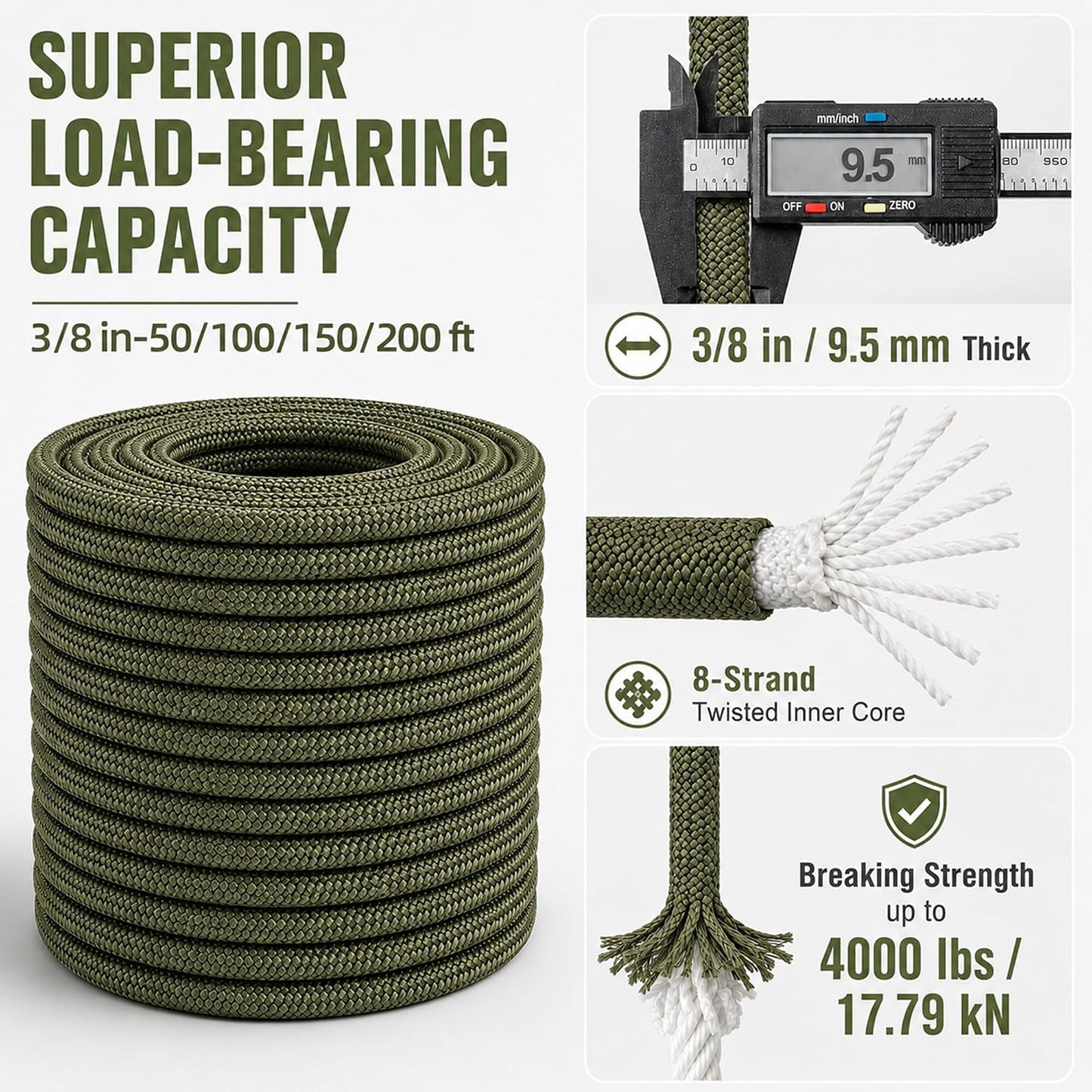 Cuerda arborista poliéster 3/8pulg x50ft resistente verde