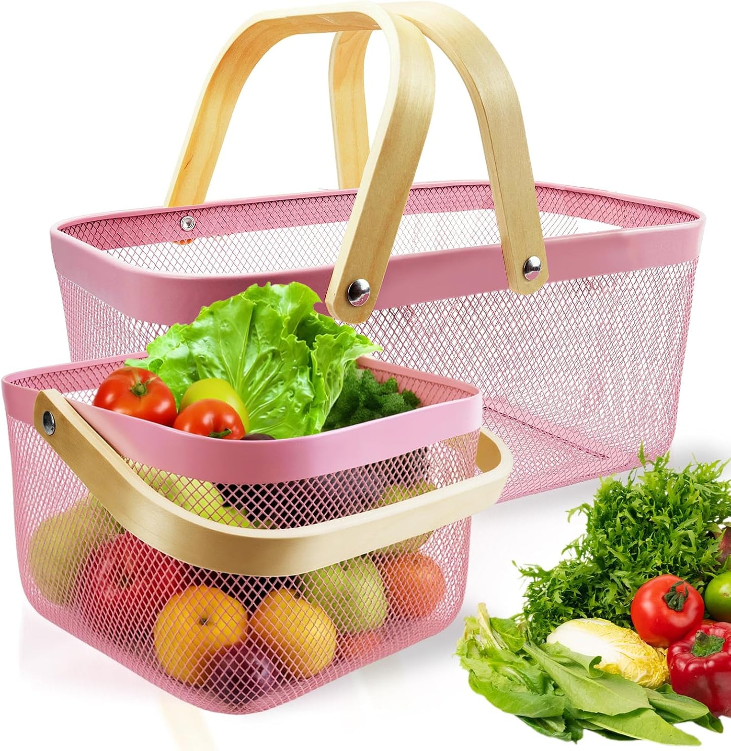 2 Cestas Picnic Malla Metálica Asa Madera Plegable