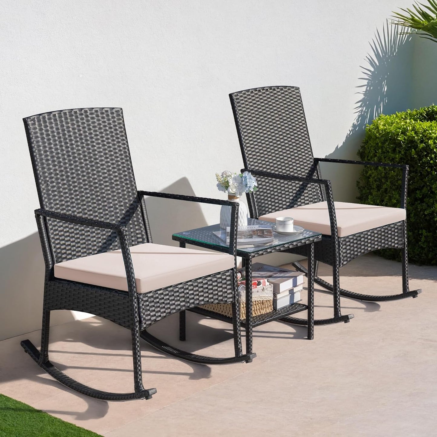 Set 3 Pzas Sillas Mimbre Mesa Vidrio Jardín Beige