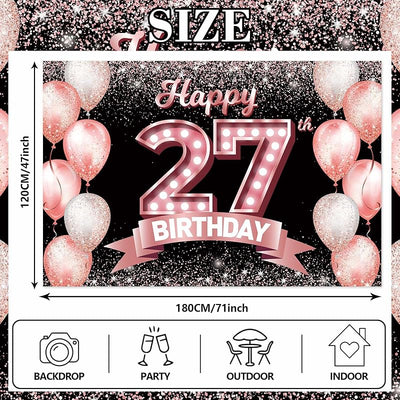 Cartel feliz cumpleaños 27 color oro rosa con globos confeti