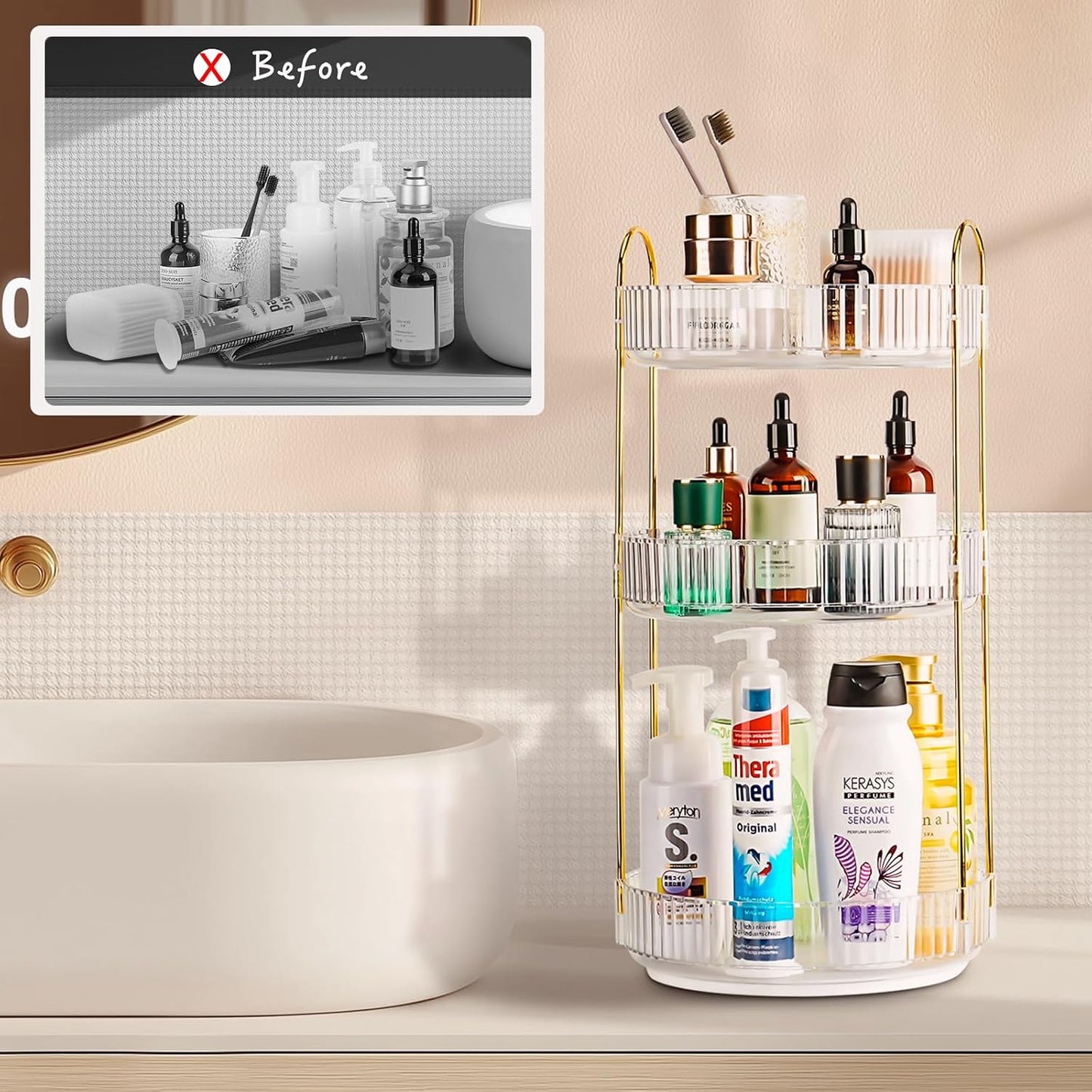 Organiz. maquillaje giratorio 360º 3 niveles blanco perla
