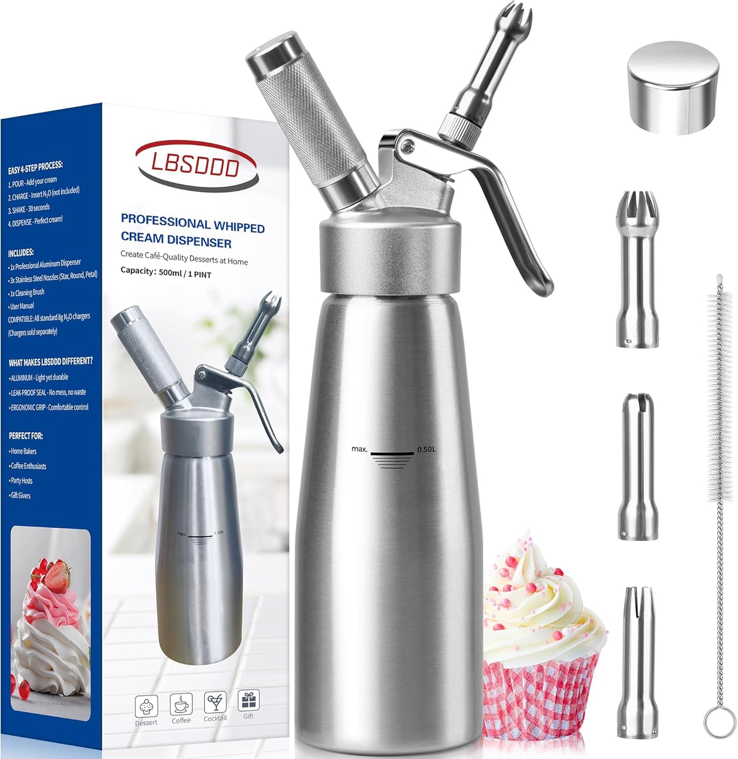 Dispensador crema batida aluminio 16.9oz 3 boquillas