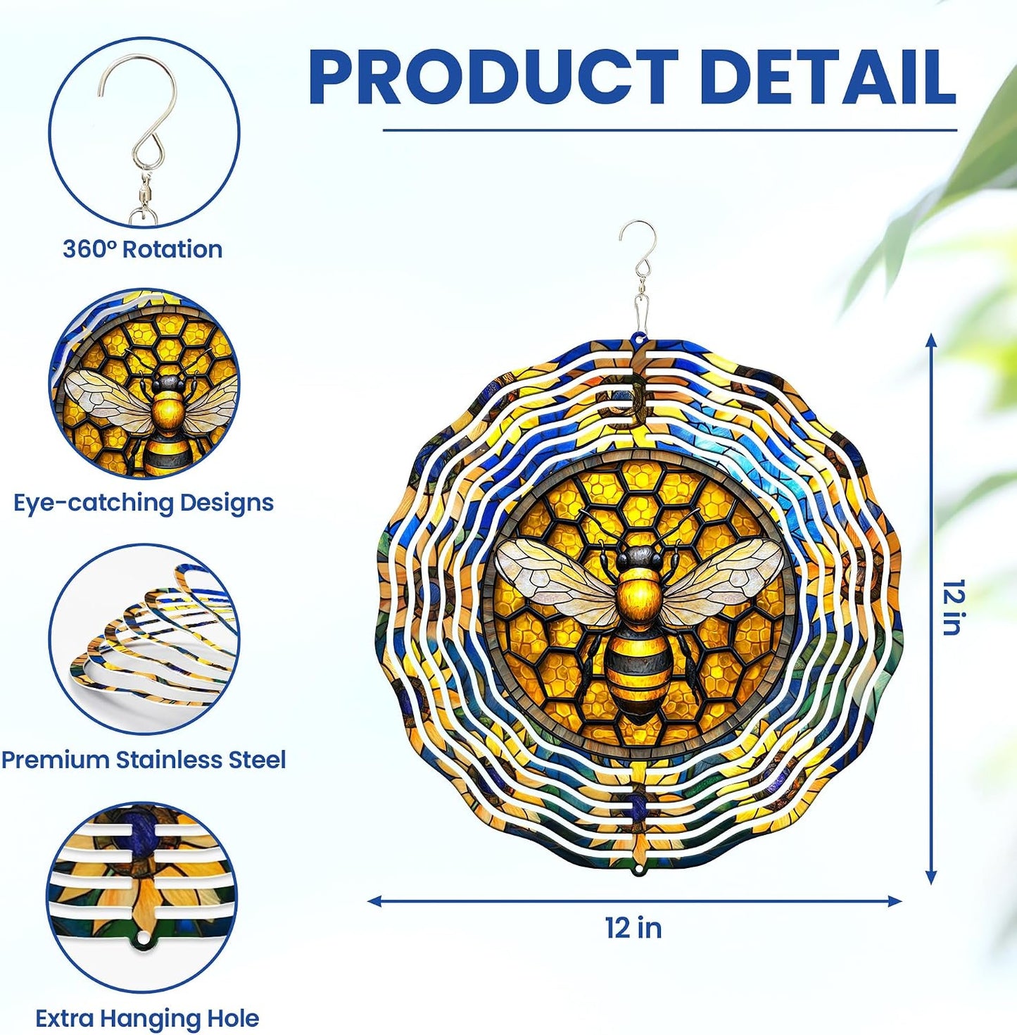 Molinillo viento abeja 12pulg acero inox 3D decoración