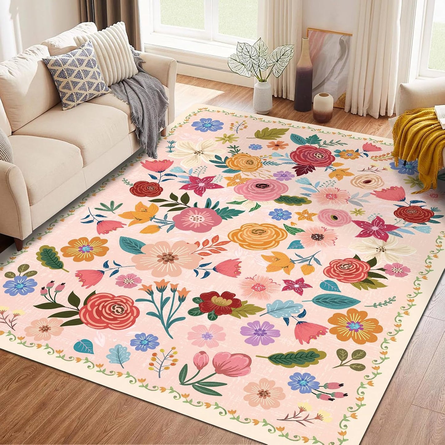 Alfombra lavable rosa 5x7ft bohemio antiderrap