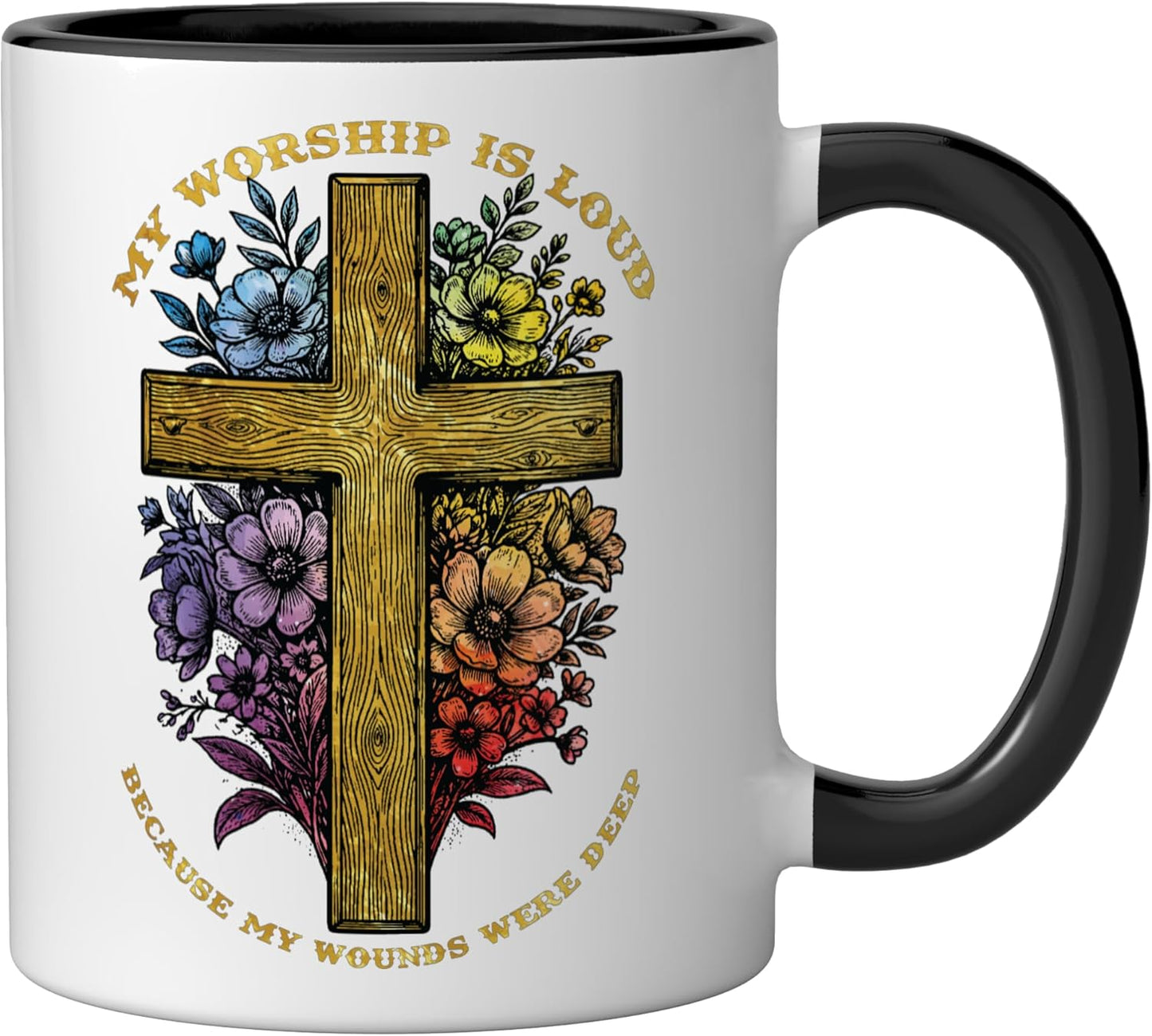 Taza Cerámica Floral Cristiana Negro/Blanco