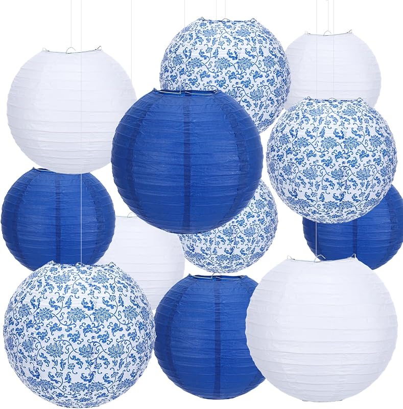 18 Faroles Chino Japonés 10x8pulg Estampado Porcelana Azul
