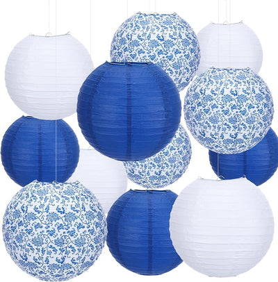 18 Faroles Chino Japonés 10x8pulg Estampado Porcelana Azul