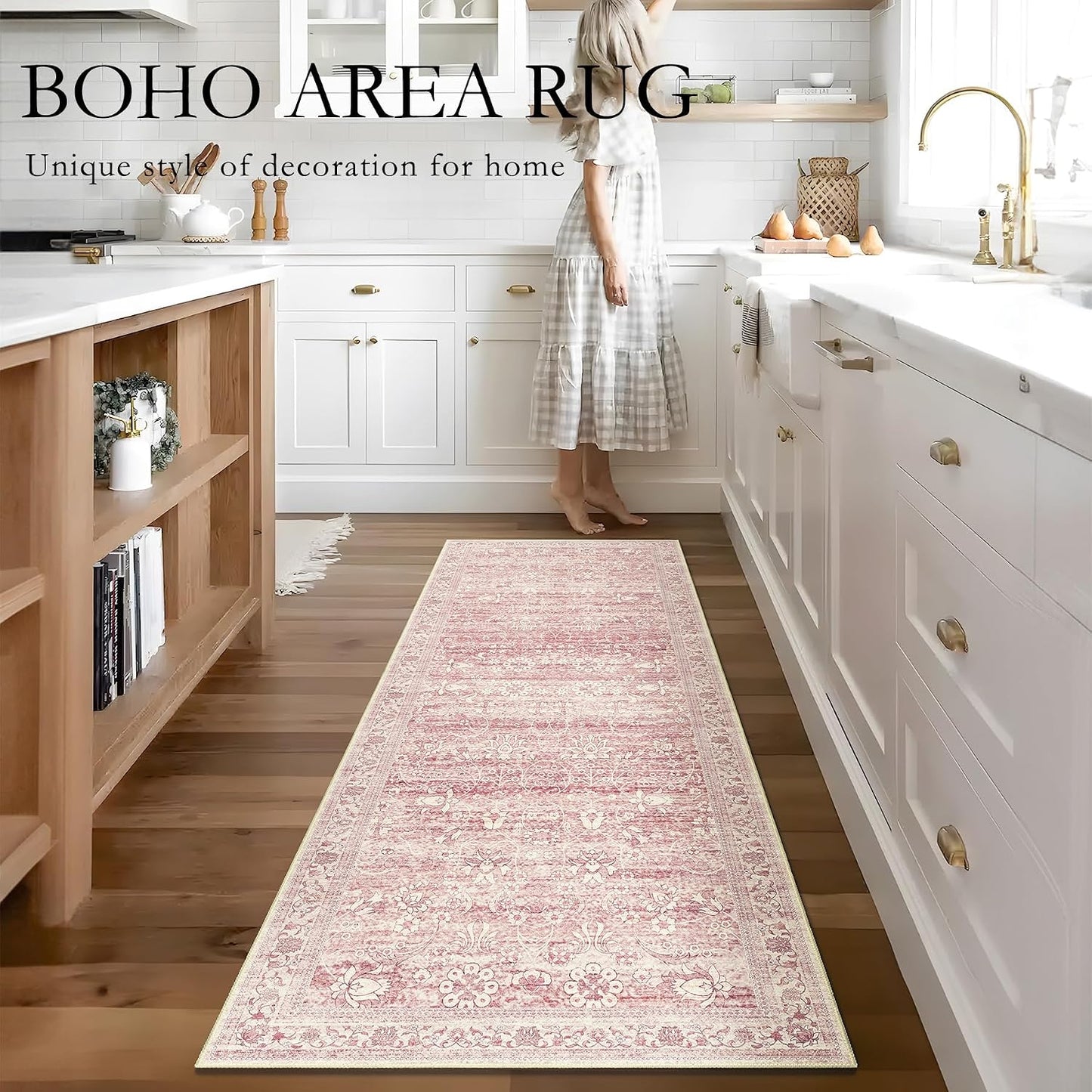 Alfombra pasillo 2x6ft rosa antiderrap vintage floral