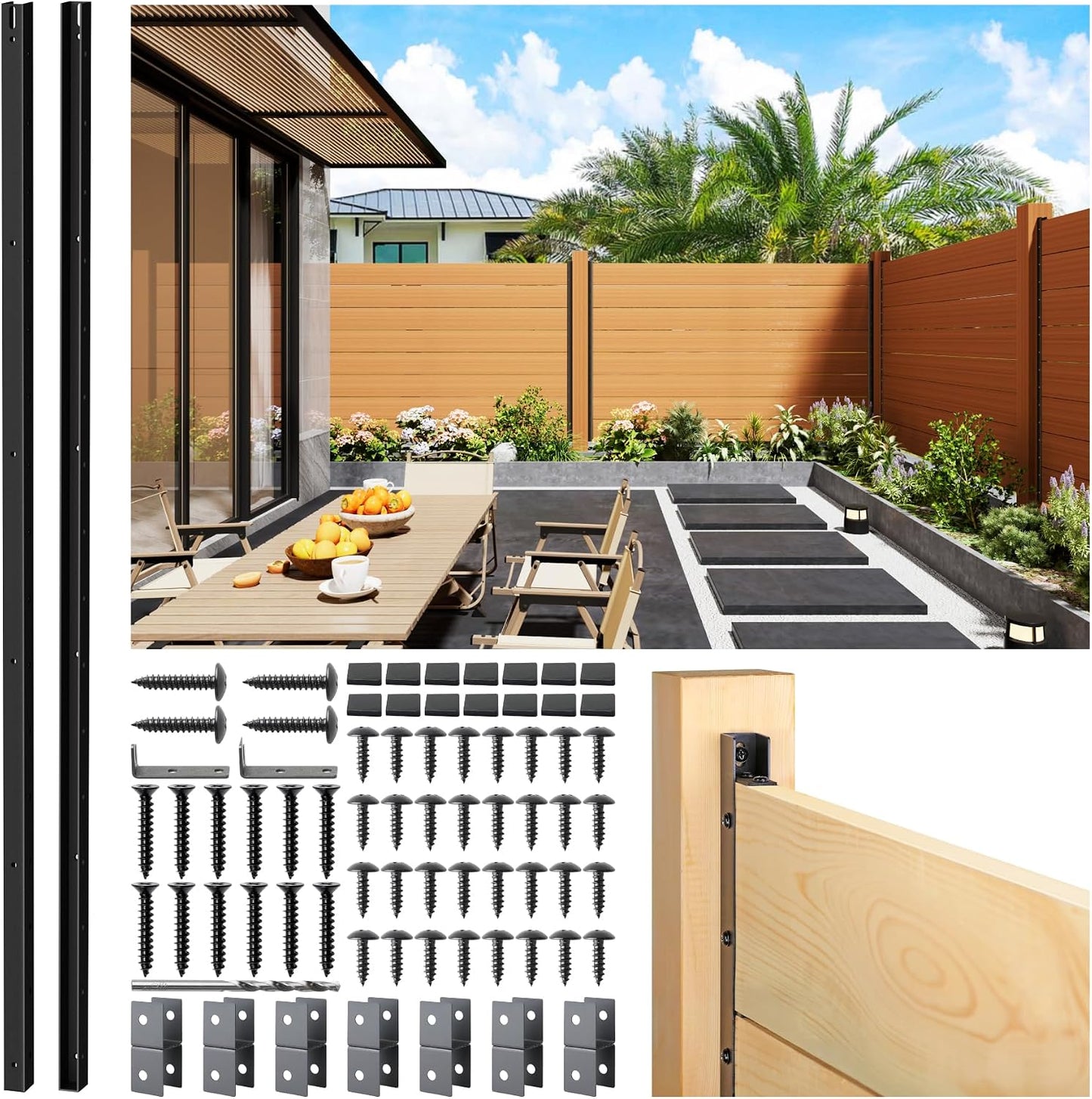 6 Paneles Valla Privacidad 4ft Poste Negro Exterior