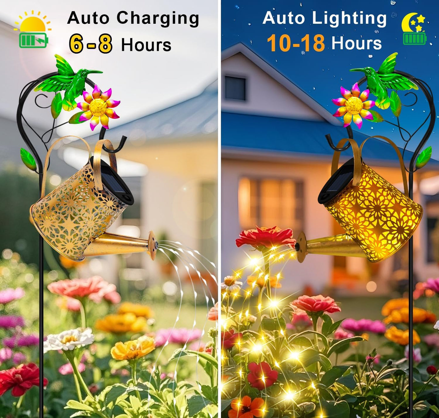 Regadera solar con luces cascada y gancho colibrí para jardín
