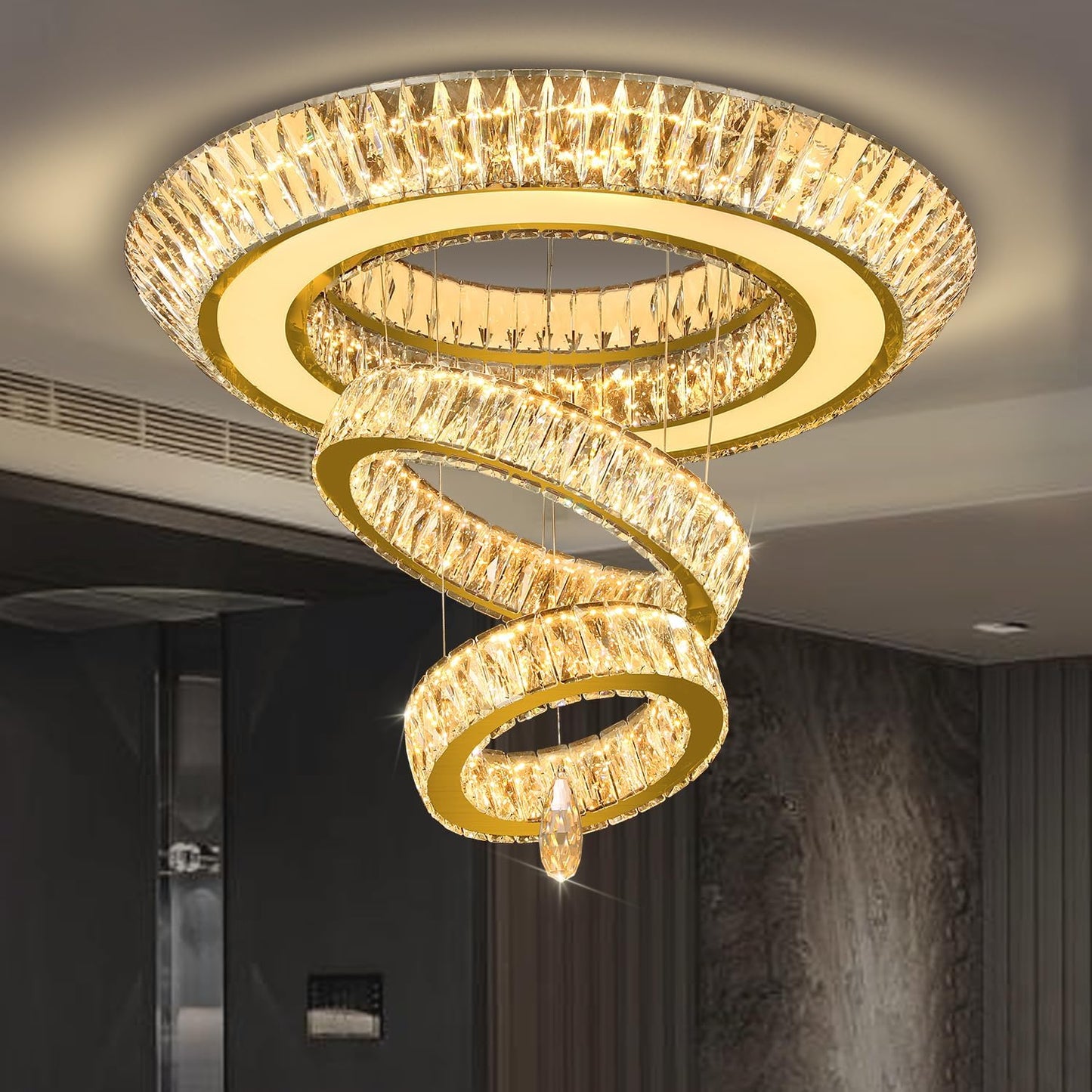 Candelabro cristal led anillo dorado 32pulg 3 niveles