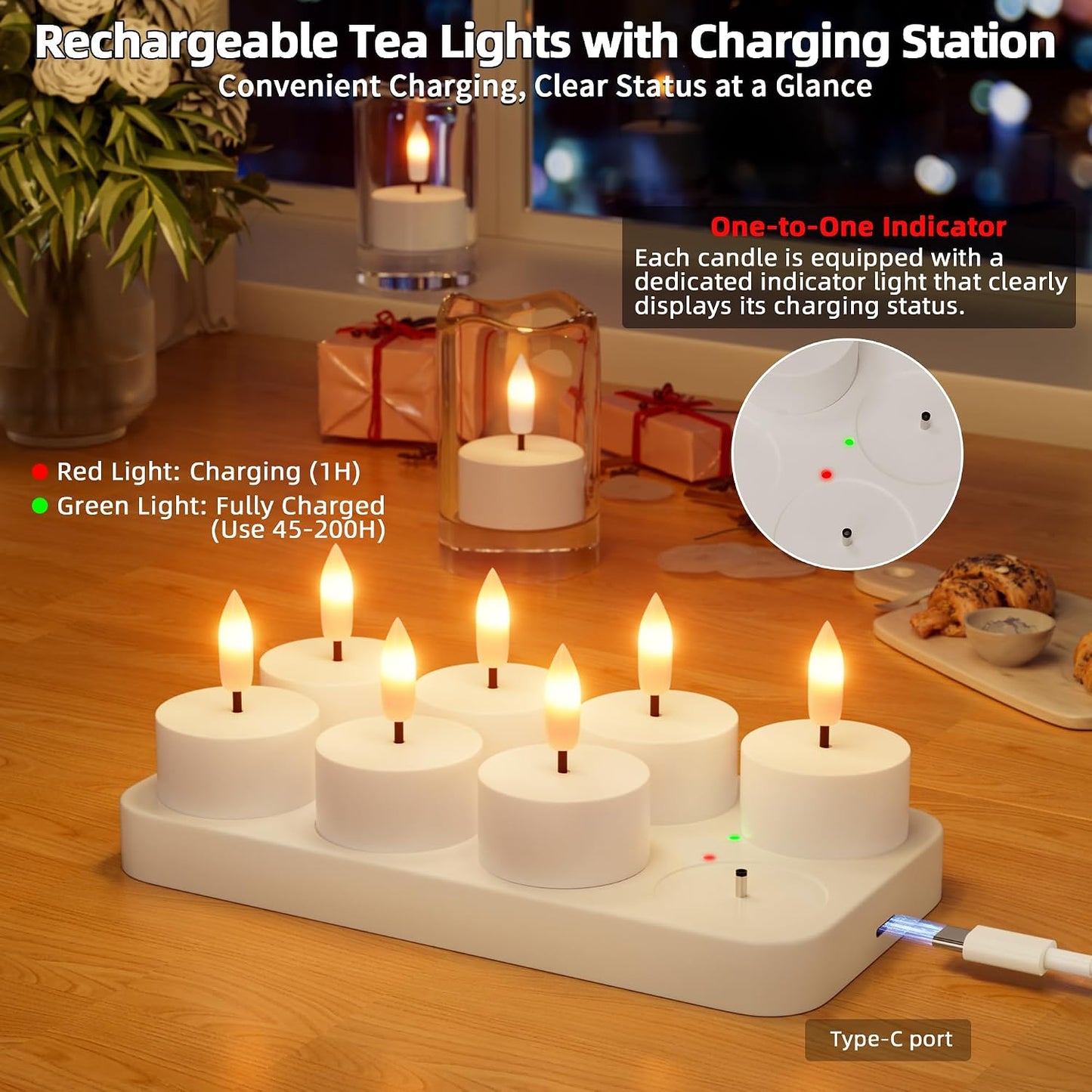 Velas té recargables con estación carga 8uds led decoración