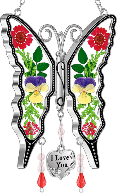 Atrapasoles vidrio emplomado alas flores secas dije corazón