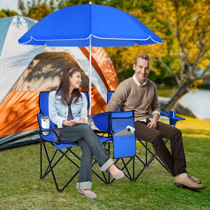 Silla campamento doble plegable con paraguas y mesa portátil