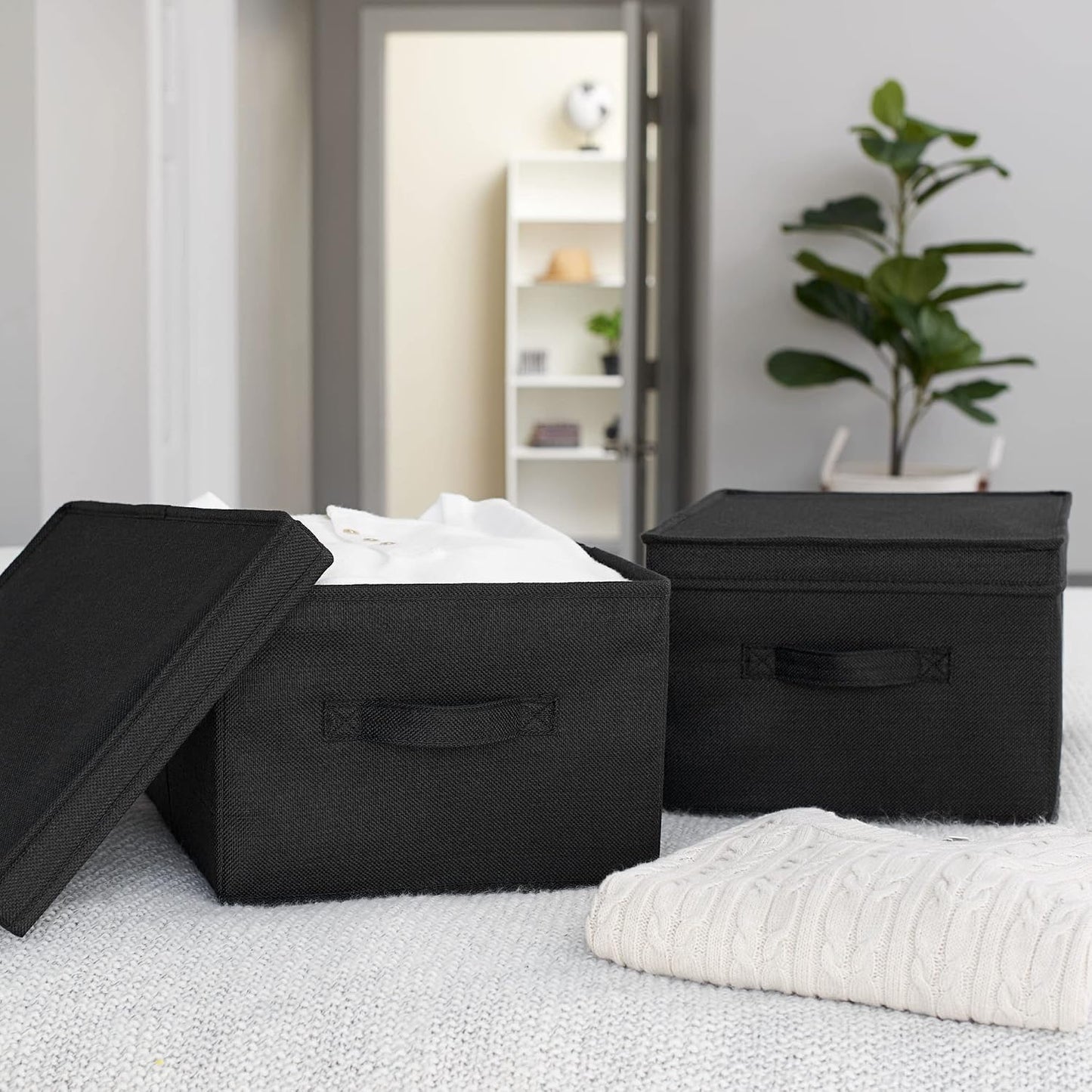 Caja almacenamiento tela tapa color negro set 2