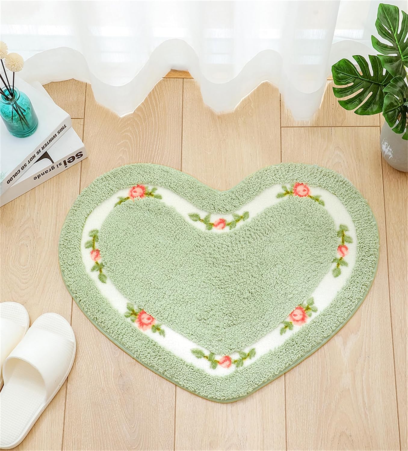 Alfombra ducha forma corazón absorbente 17.7x19.7pulg verde