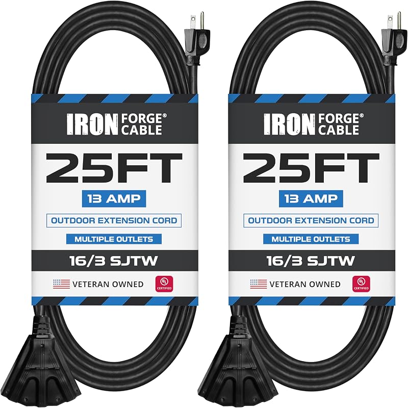 2 Pack Cable Extensión 25ft 16/3 SJTW 3 Tomas Con Luz