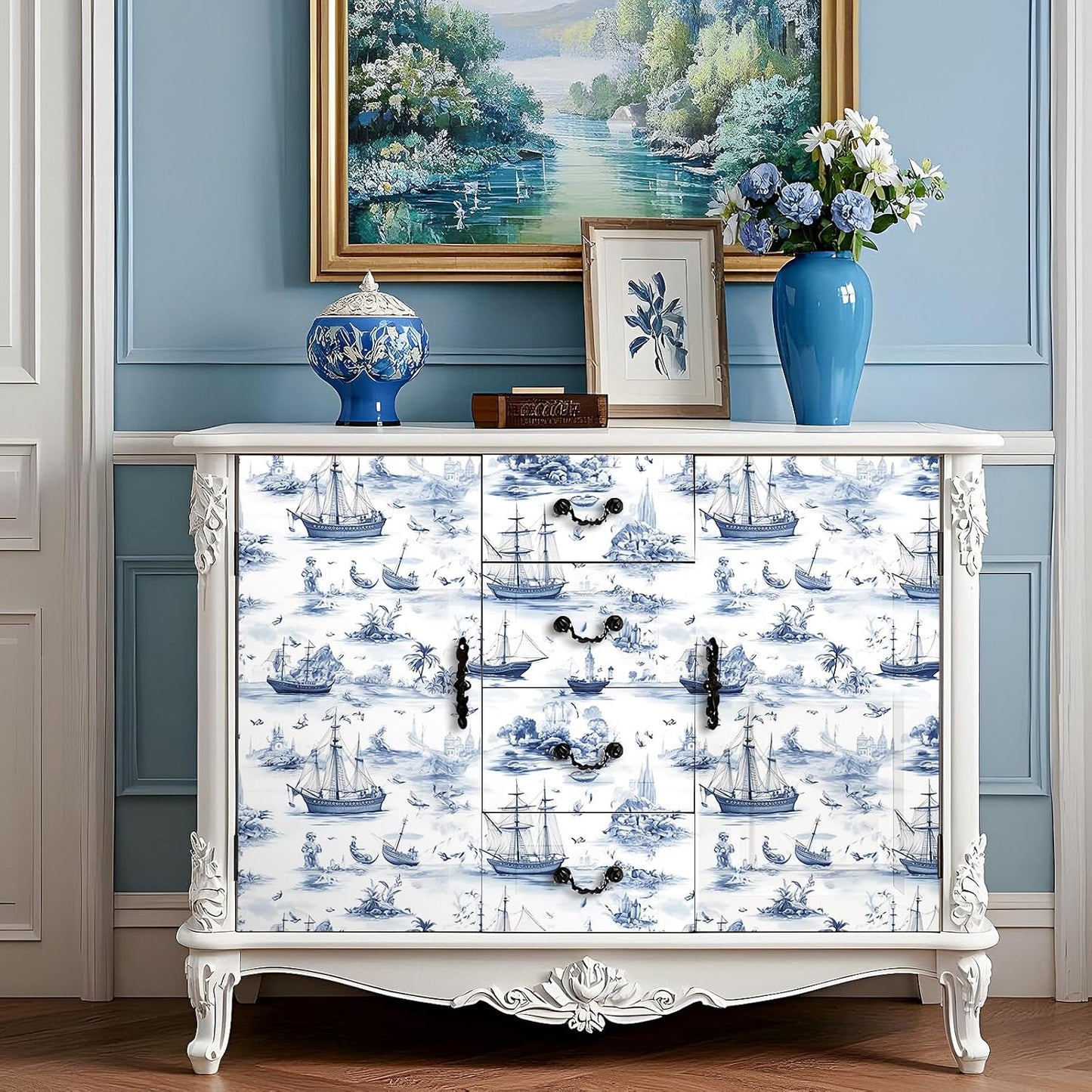 Papel tapiz náutico azul 17.5x276pulg para pegar arte pared