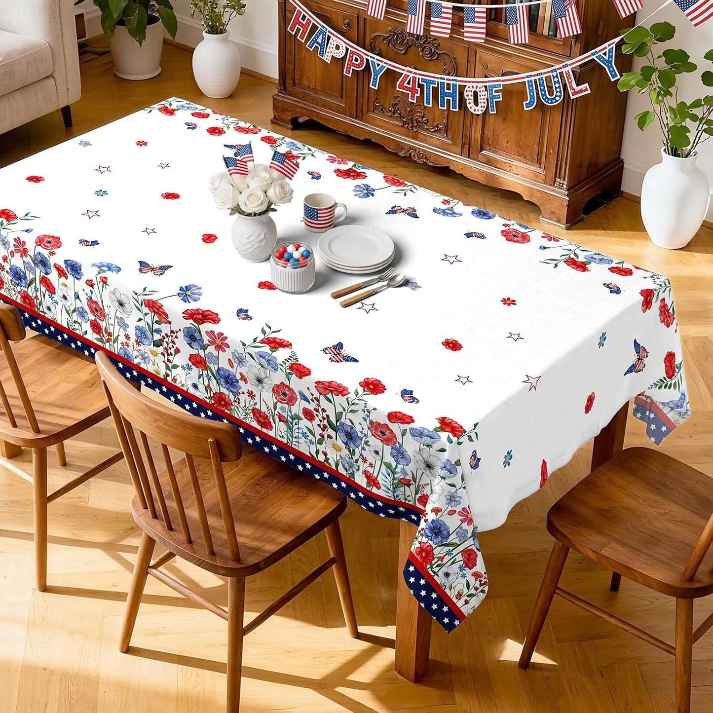 Mantel impermeable mariposa flores azules y rojas