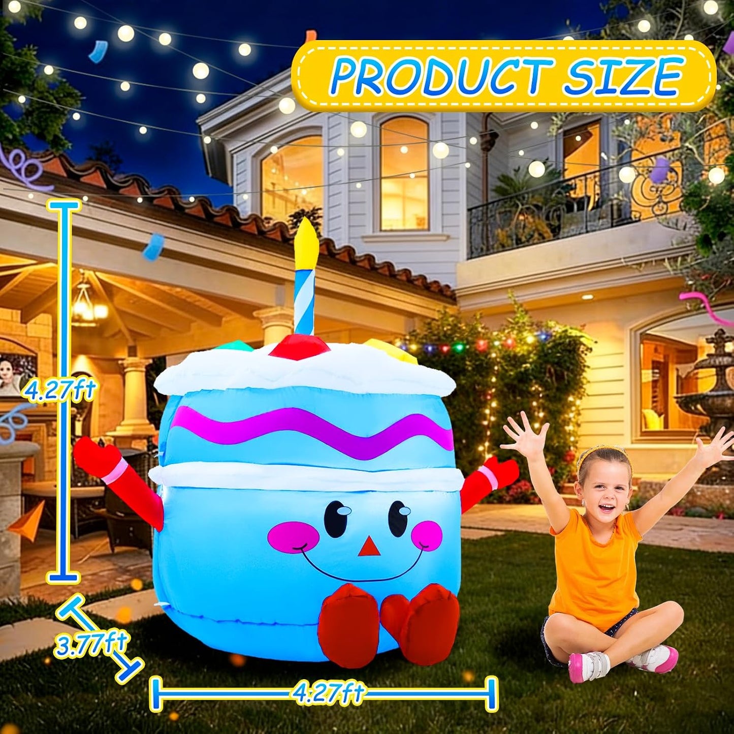 Inflable cumpleaños 4.3ft cara sonriente con vela y estacas