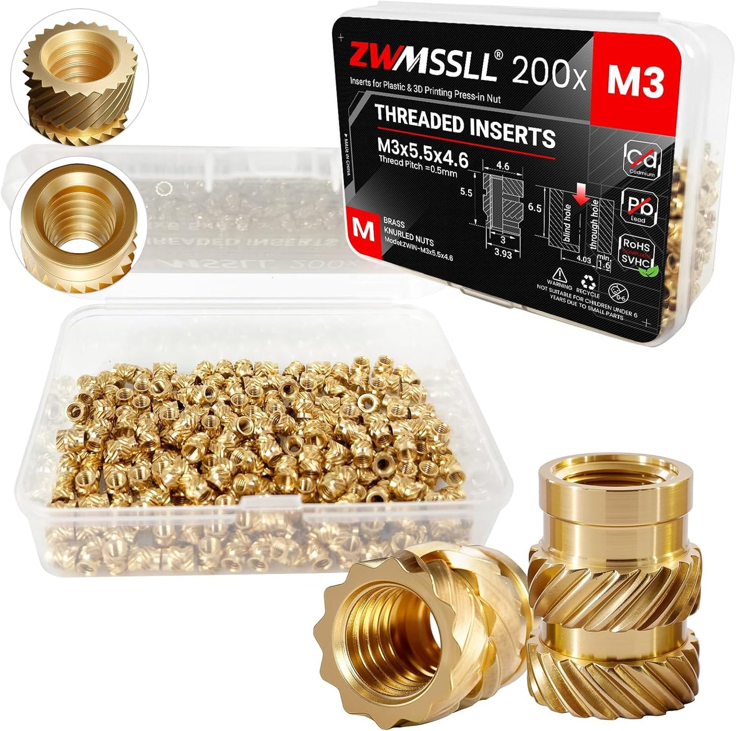 Insertos roscados M3x5.5x4.6 de latón para impresión 3D