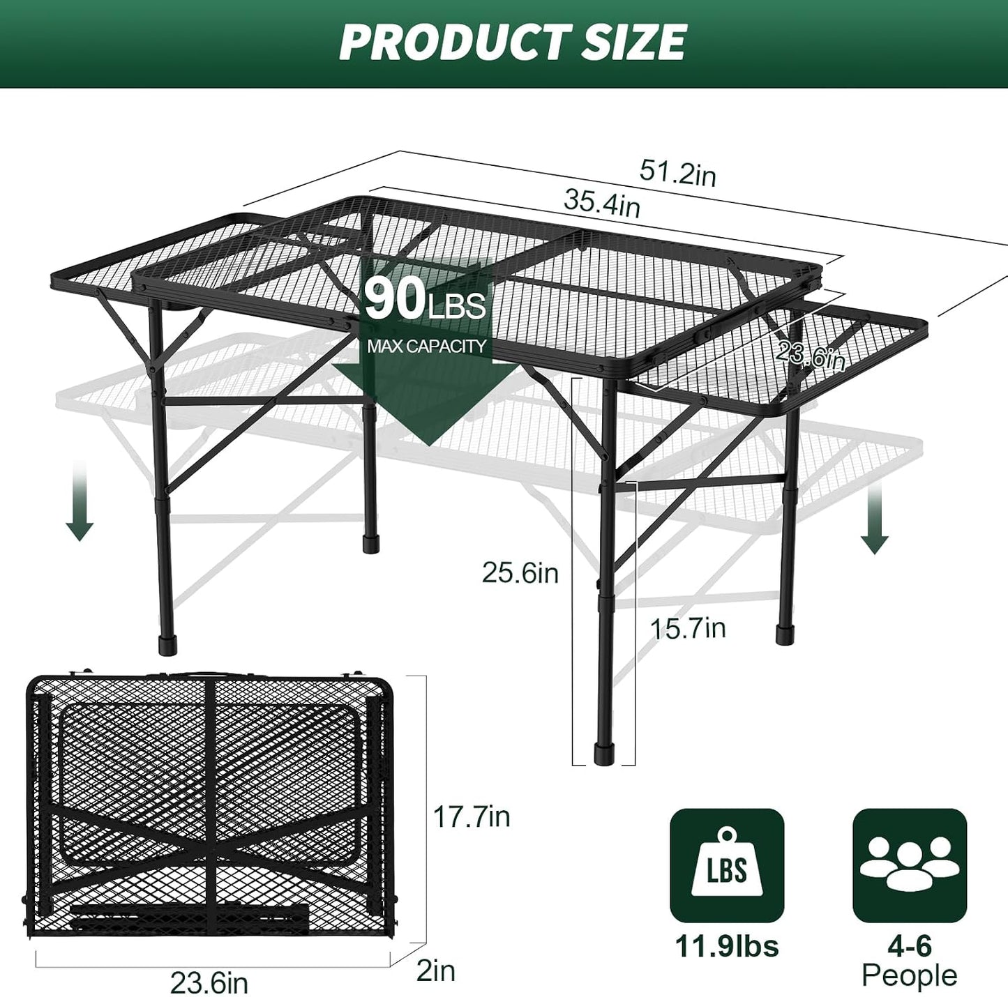 Mesa plegable camping 3x2ft con escritorio malla y bolsa