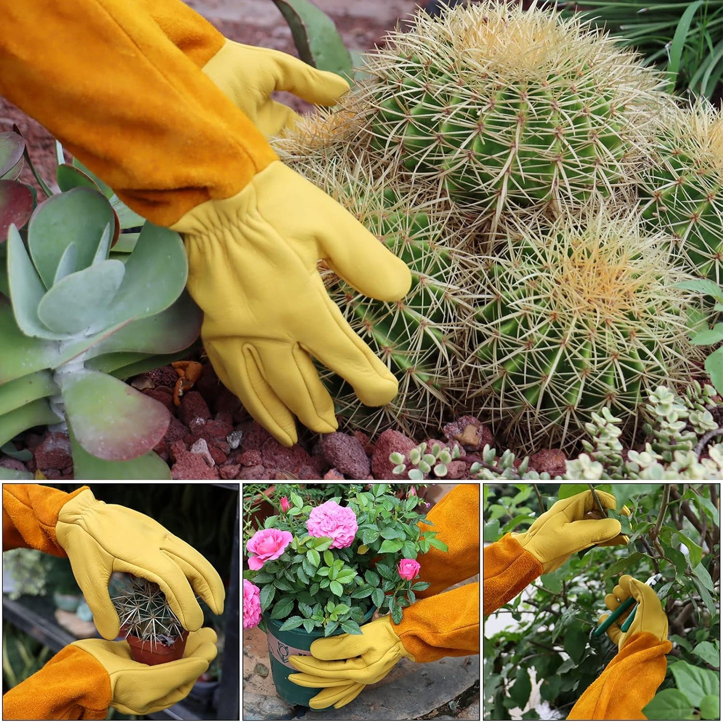 Guantes jardinería cuero vacuno ajustables antiespinas