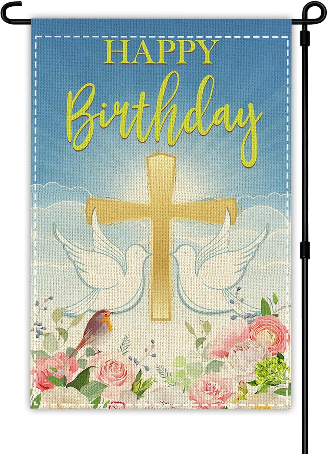 Bandera jardín feliz cumpleaños con cruces paloma 12x18pulg