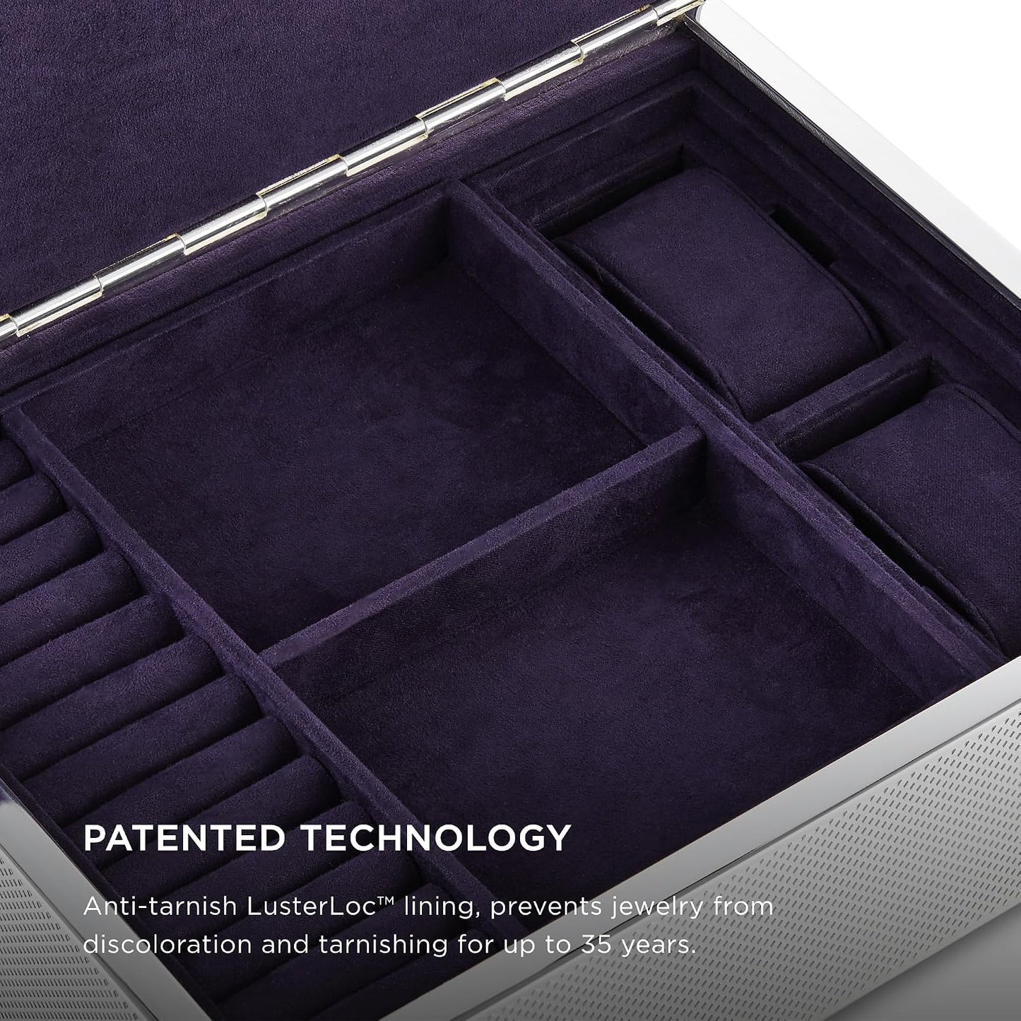 Caja plateada para reloj y joyas con bandejas y ranuras